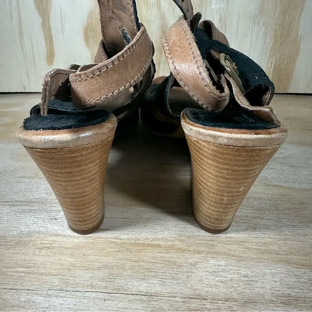 Miz Mooz Kipling Leather Black and Tan Wedge Sandals Women’s Size 7.5